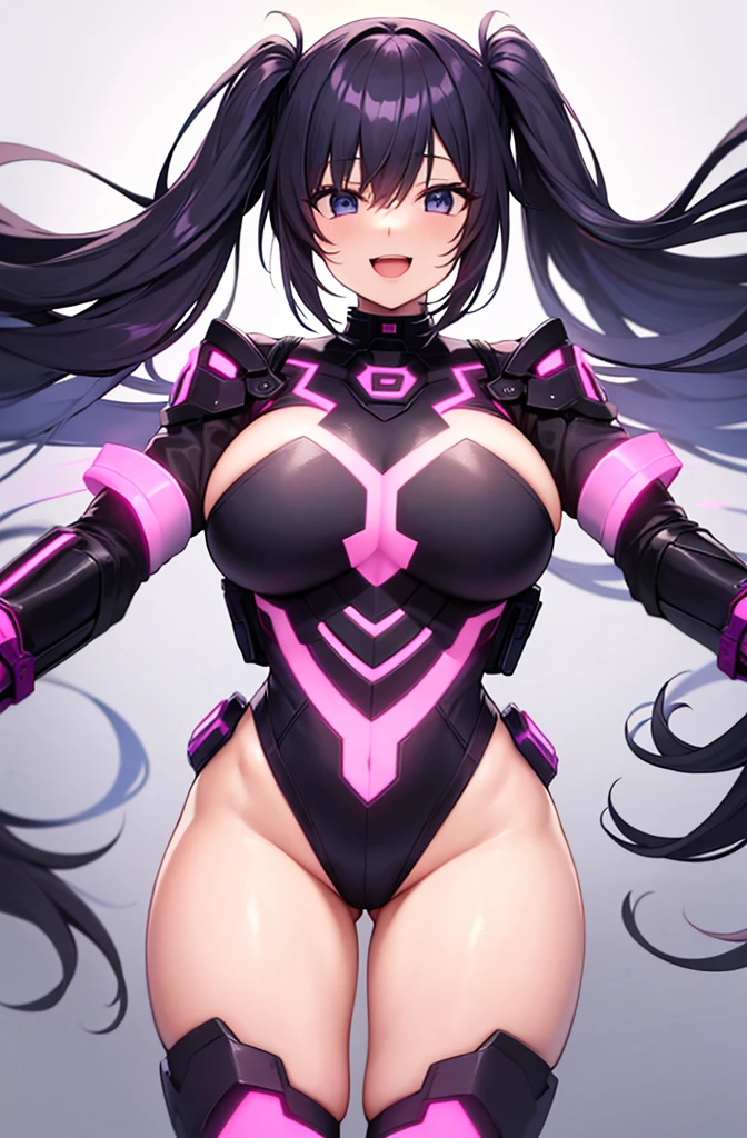 最high quality, high quality, 8K、High resolution,Highest quality、solo、A large-bodied heroine of justice wearing a pink cyber suit、Black Hair, Open Mouth Smile, Thighs