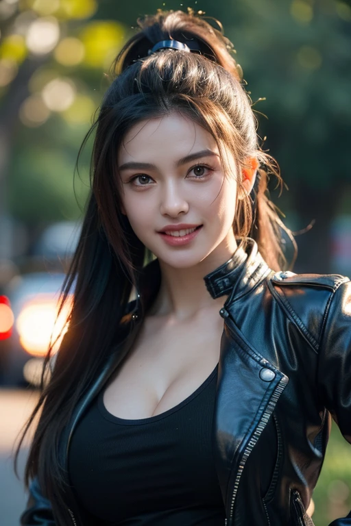 a gorgeous busty woman, ponytail, leather jacket, lady bikers, motosport, beautiful smile showing teeth, pov, lover, cinematic lighting, (best quality,4k,8k,highres,masterpiece:1.2),ultra-detailed,(realistic,photorealistic,photo-realistic:1.37),HDR,UHD,studio lighting,ultra-fine painting,sharp focus,physically-based rendering,extreme detail description,professional,vivid colors,bokeh,portrait,photorealistic,cinematic,dramatic lighting