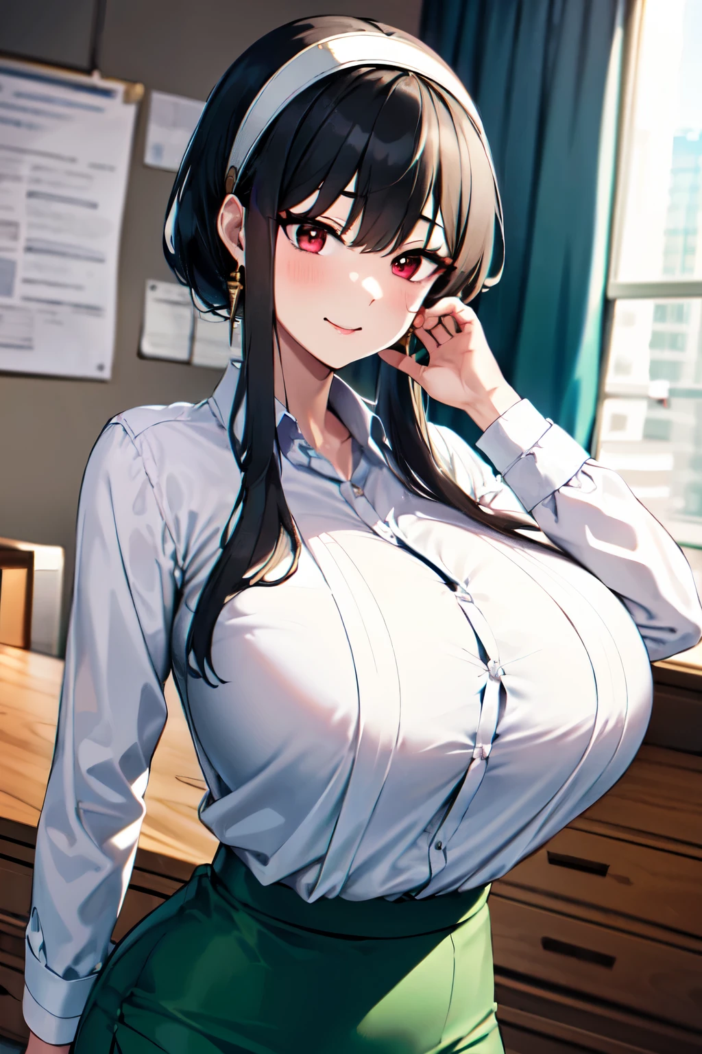 masterpiece, best quality, highres, BBYORF, short hair with long locks, white hairband, red eyes, gold earrings, (huge breasts,busty),full bust,slender,(thin_Waist), office lady, white shirt, collared shirt, green vest, long sleeves, green skirt, (Black tights),office, (paper:1.1), surprised, standing,((Poses that accentuate large breasts)),((breast focus)),A kind smile,Estrus,sweat,Heavy breathing