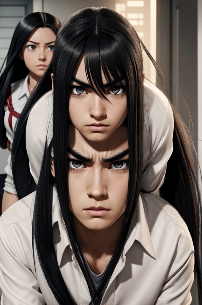 Screenshot of my hero academia.
Young woman with very long and straight black hair.
Big brown eyes with long eyelashes and thick eyebrows.
Calm facial expression in UA , white shirt with gray coat, Next to her, a young man with blonde hair and slanted red eyes with an angry facial expression in anime