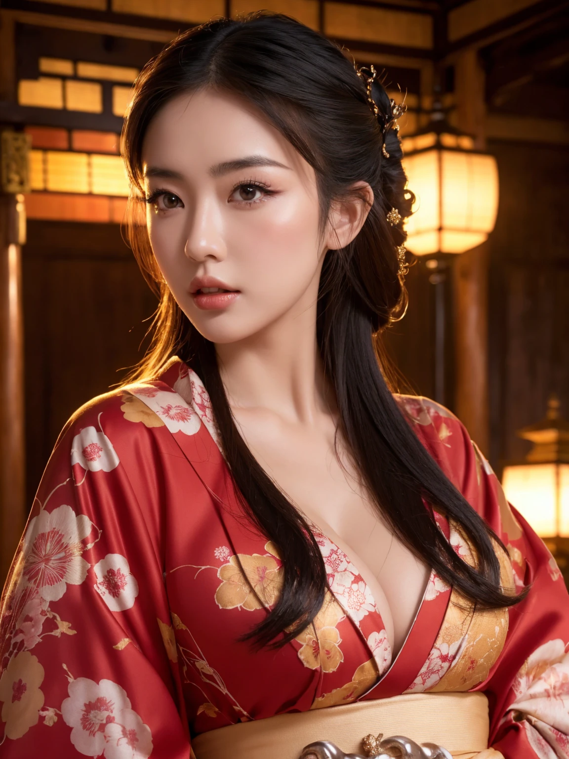 big breasted japanese woman in elaborate kimono, ornate shrine, cinematic atmosphere, (best quality,4k,8k,highres,masterpiece:1.2),ultra-detailed,(realistic,photorealistic,photo-realistic:1.37),(looking at viewer),highly detailed face,beautiful detailed eyes,beautiful detailed lips,extremely detailed eyes and face,long eyelashes,intricate kimono design,ornate shrine background,warm lighting,dramatic shadows,vibrant colors,photorealistic