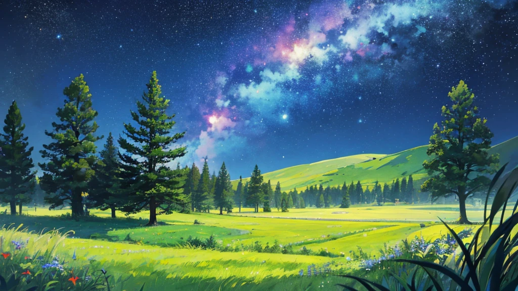 Dreamy night meadow、Summer grassland、trees in the distance々have、moonlight、Starry sky width 1284 height 2778