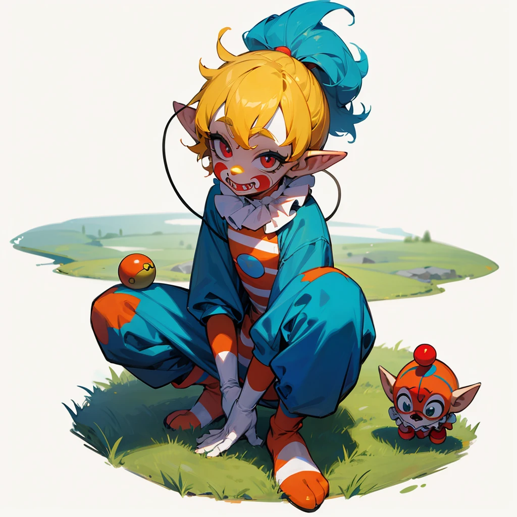 Random evolution, circuit clown, mascot, little boy goblin, 1boy, Clown make up on face, small ball on his hands, Grassroots
