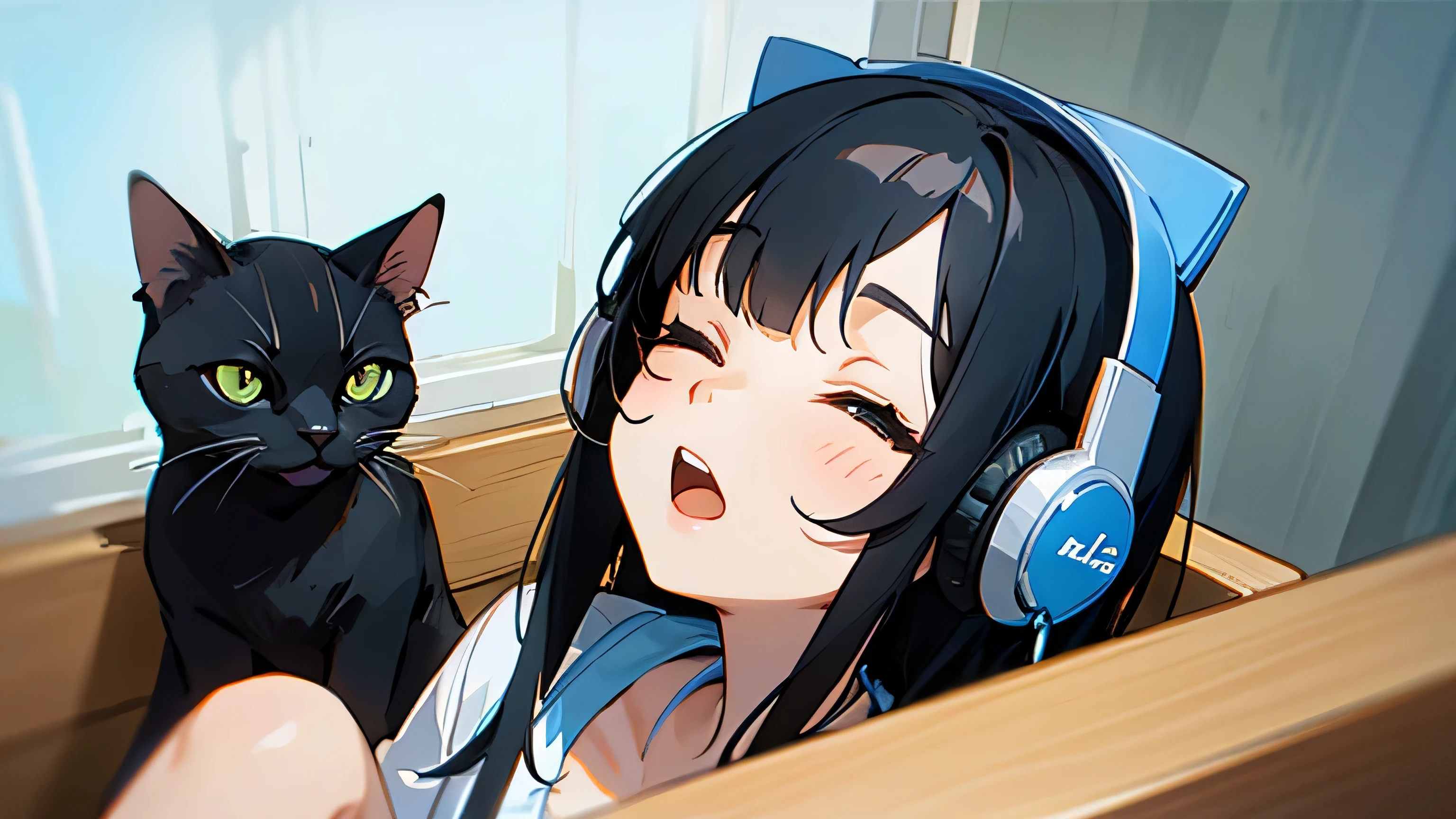 Room with speakers、Cat with headphones、Face close-up、noon、Black Hair、Looking up with open mouth、Sitting in a chair、One eye closed