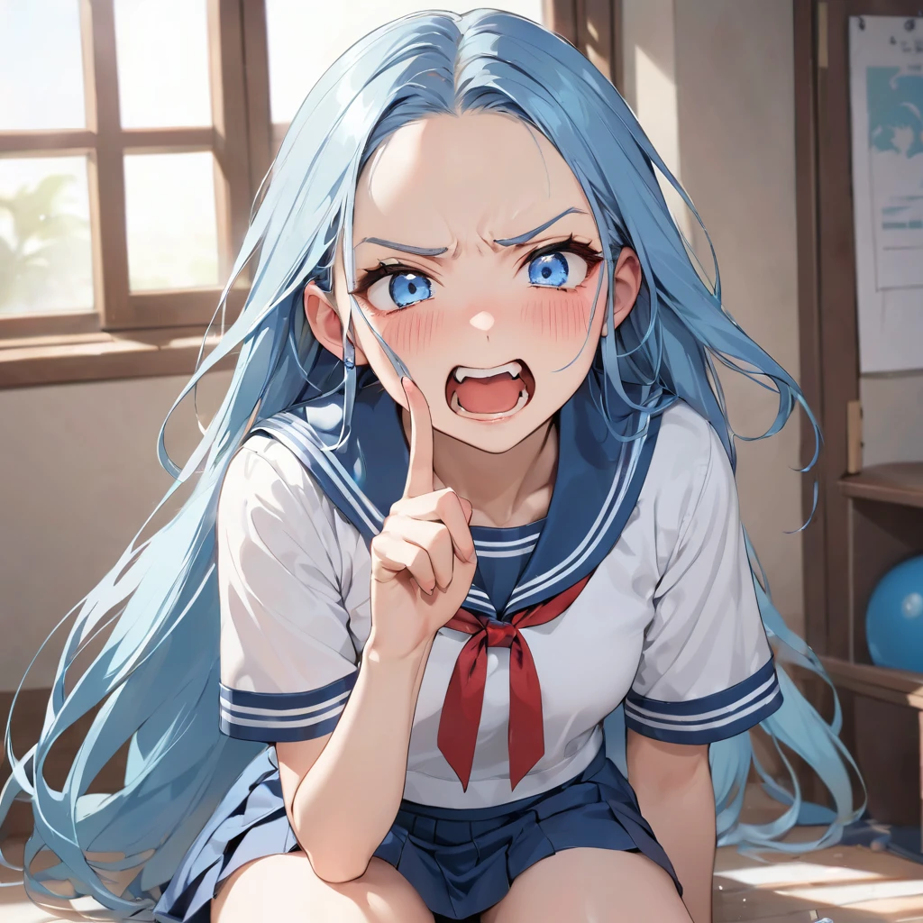 (Tsundere mode) (15 yo, solo:2 forehead blue hair long hair cute girl, lovely blue eyes, angry face, pink lip open mouth), break, (in a summer school sailor suit, red ribbon, skirt), (index finger raised), BREAK, perfect anatomy, masterpiece, best quality, 16k, beautiful detailed grow, daydreaming expression.