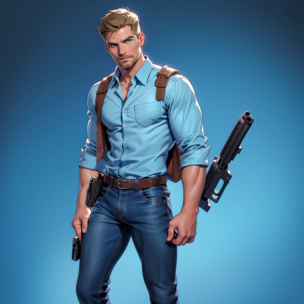 1 man, male focus solo, middle aged man,Stephen AMELL as private investigator,  lean muscle,very  light blue shirt, brown leather shoulder holster, faded vintage blue jeans with bulge, full body shot, dark blond  short hair, facial hair, holding a gun with two hands, (gun:1.2), ultra high quality, masterpiece, low camera angle, intense splashed blue and white paint in the blackground