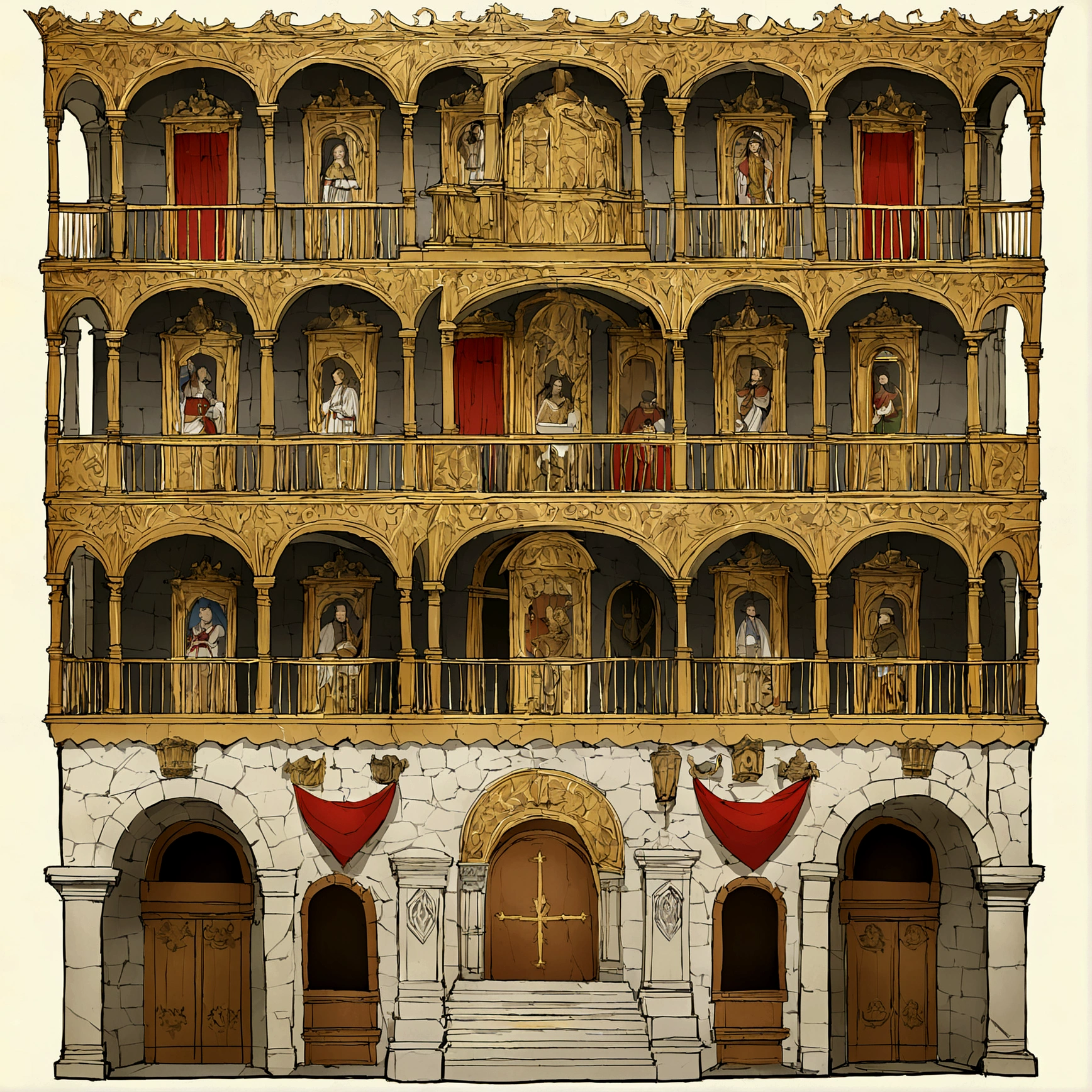 Interior view of Central America Spanish Governor's Palace, Conquistador's House, Hernan Cortes' style or Diego Velázquez de Cuéllar style, look like Cuba's Governor in 16th century, European and Christianity architecture, built in Caribbean or Terra Firme or Antilles Islands or Central America, built in Cuba or Santo Domingo or Vera Cruz or Mexico Kingdom of Portugal, 16th century, medieval, Central America element, Conquistador's elements, Iberia Elements, Spanish style throne, no people, no word, no wordings, no signature