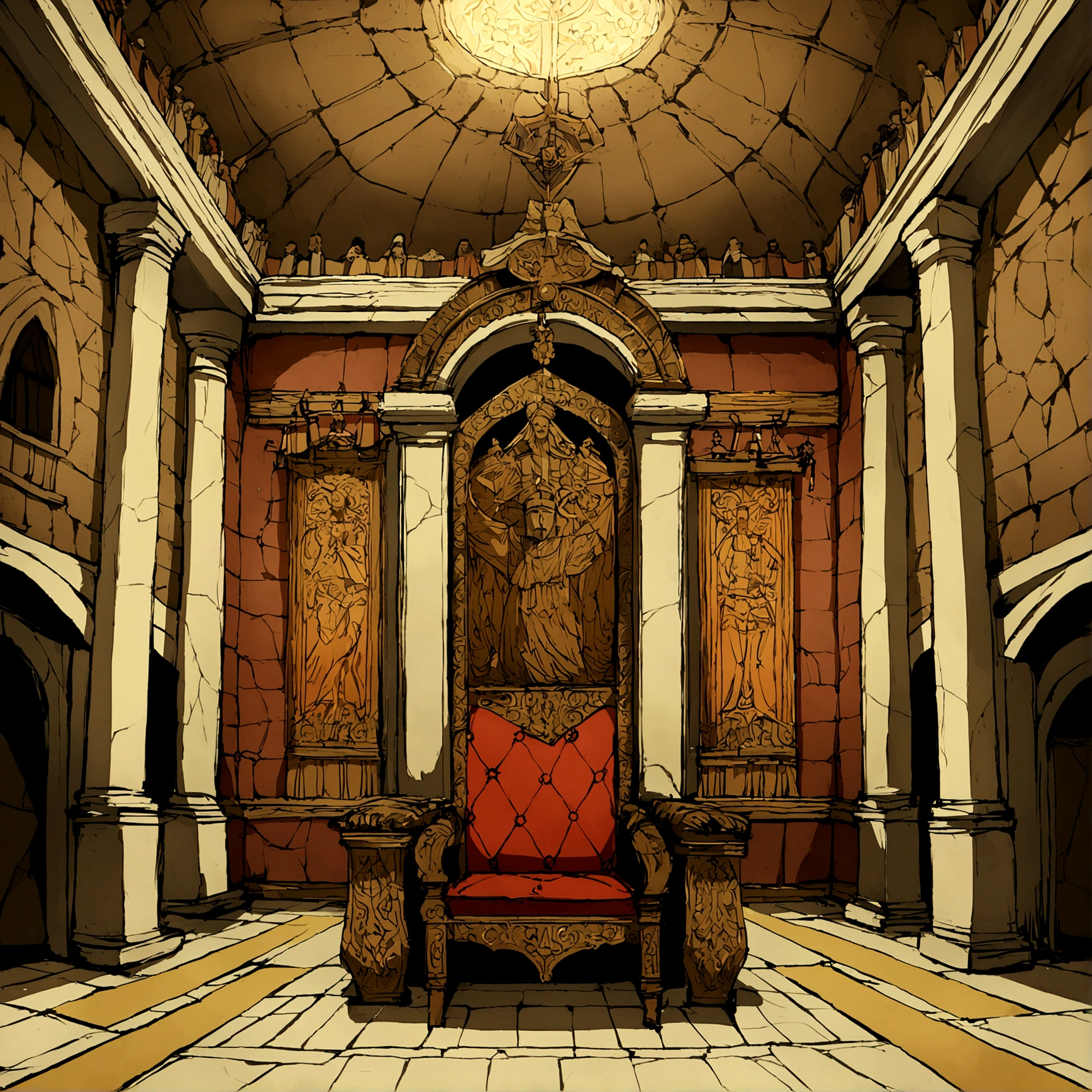 Interior view of Central America Spanish Governor's Palace, Conquistador's House, Hernan Cortes' style or Diego Velázquez de Cuéllar style, look like Cuba's Governor in 16th century, European and Christianity architecture, built in Caribbean or Terra Firme or Antilles Islands or Central America, built in Cuba or Santo Domingo or Vera Cruz or Mexico Kingdom of Portugal, 16th century, medieval, Central America element, Conquistador's elements, Iberia Elements, Spanish style throne, no people, no word, no wordings, no signature