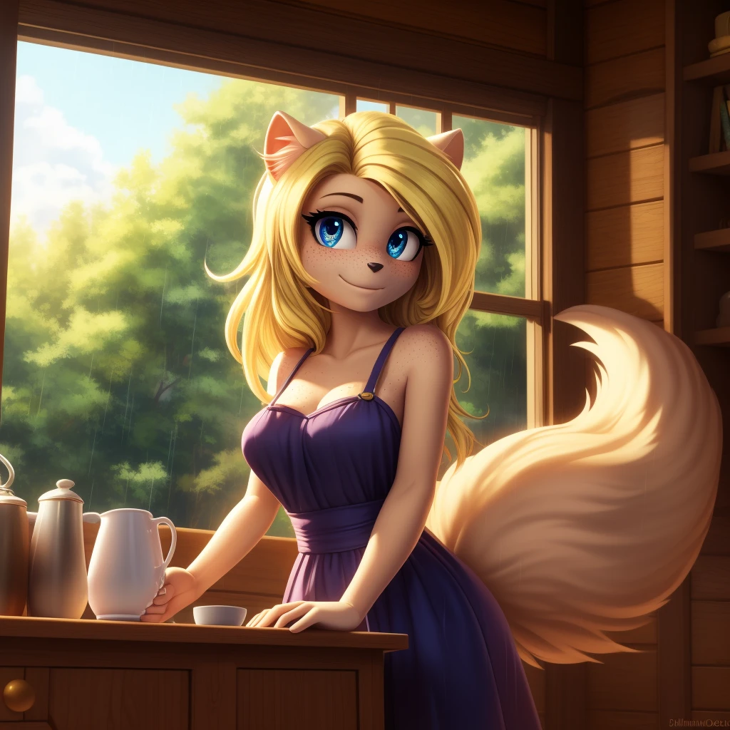 minerva, medium breast,
(detailed blonde hair:1.4), (detailed perfect eyes:1.2), white fur, (detailed fluffy fur:1.2), perfect hourglass body, mink snout, (long fluffy blonde tail:1.3), beautiful black eyes, relaxed pose, looking at viewer,
(freckles:1.2), light smile,
serving coffee,
(masterpiece:1.2), (best quality:1.2), (intricate:1.2), (highly detailed:1.2), (sharp:1.2), (8k:1.2), (highres:1.2),
cinematic summer tropical lighting, vivid colors,
kitchen, wooden cabin,
window, forest, rain,
aliceinwonderlandoutfit