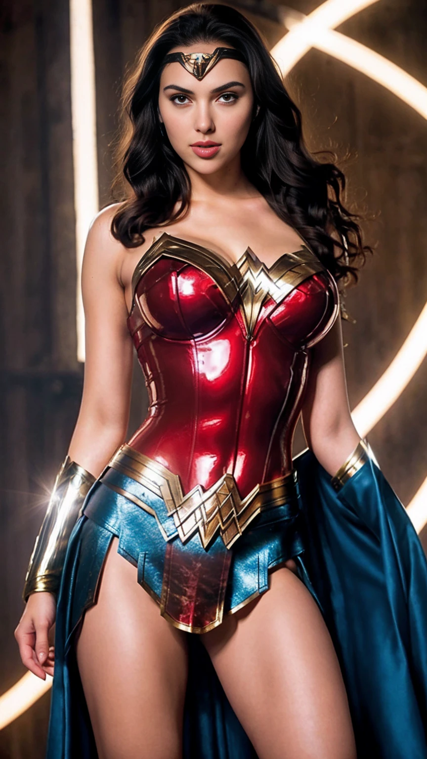 Wonder Woman face Gal Gadot,Long hair with a huge bust in a wonder woman costume,Lush bust. Latex glitters. Emphasizing large breasts and waist. Kate Upton's breasts. Big bust like Kate Upton