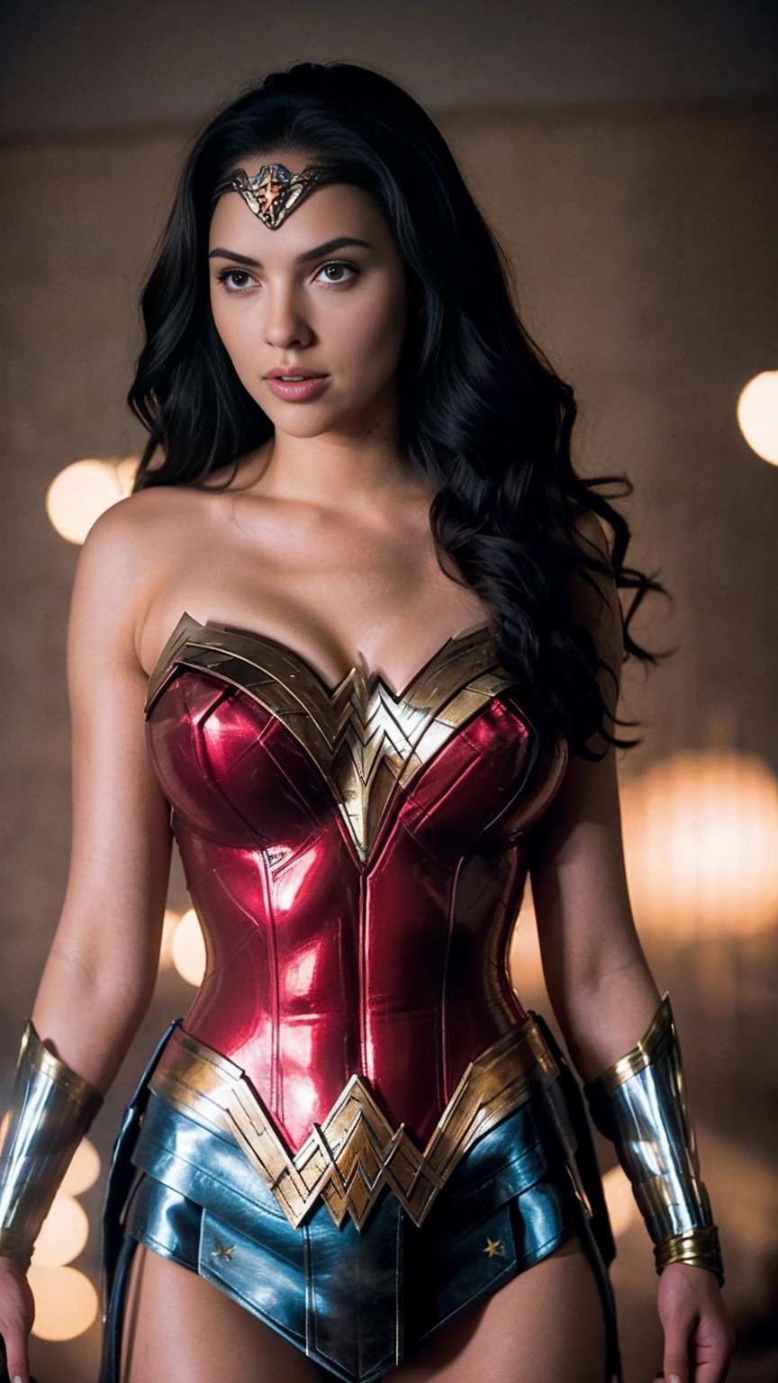 Wonder Woman face Gal Gadot,Long hair with a huge bust in a wonder woman costume,Lush bust. Latex glitters. Emphasizing large breasts and waist. Kate Upton's breasts. Big bust like Kate Upton
