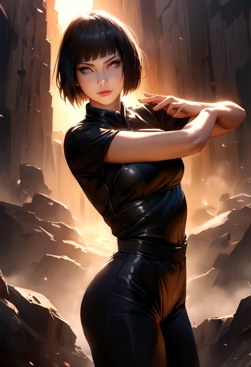 (masterpiece), (best quality), realistic, cinematic light, Hinata from Naruto, cool pose, battlefield background, perfect body, white eyes, white bobcut hair