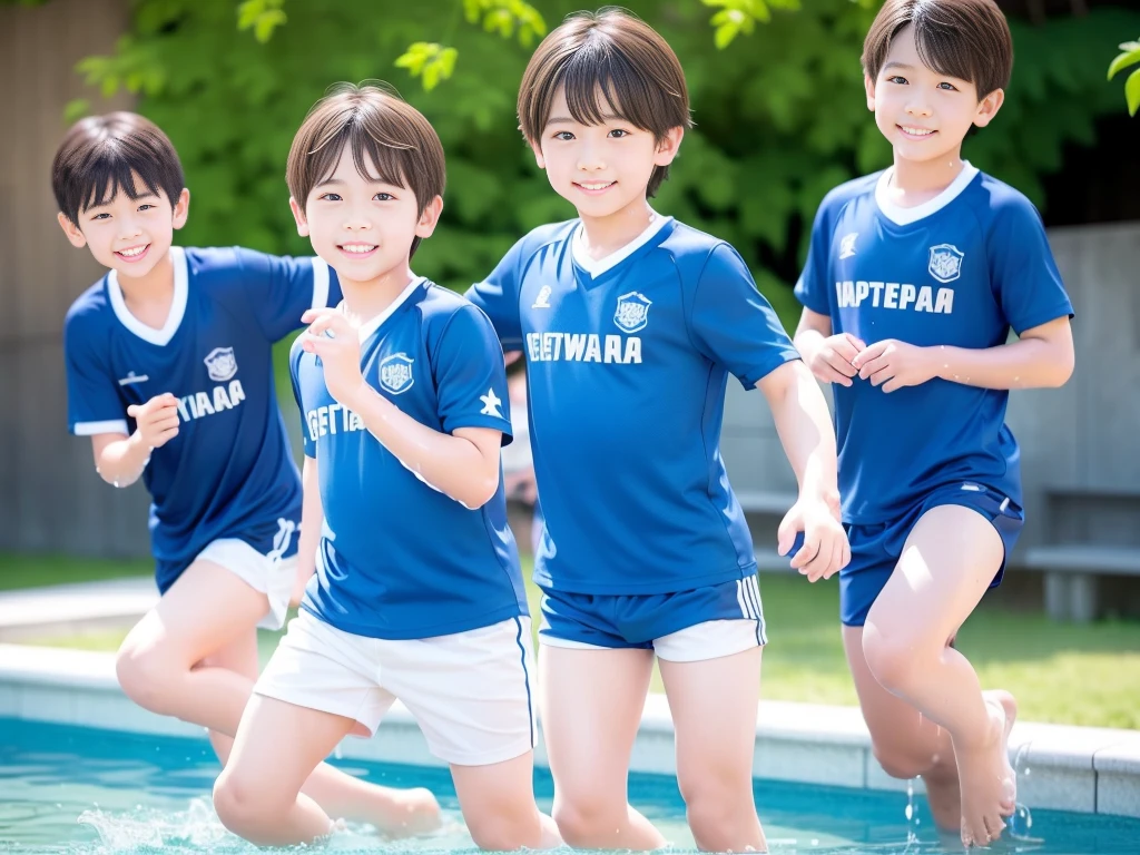 夏休みのprimary school校、Pool、primary school5Grade、Japan Boy、Glowing water splashes、A good boy dripping with water、hot day、Two Boys、Various poses、Short sleeve gym uniform、Blue shorts、physical education、barefoot,(Boy 1.4)、Boys only 、(10Age 1.4)