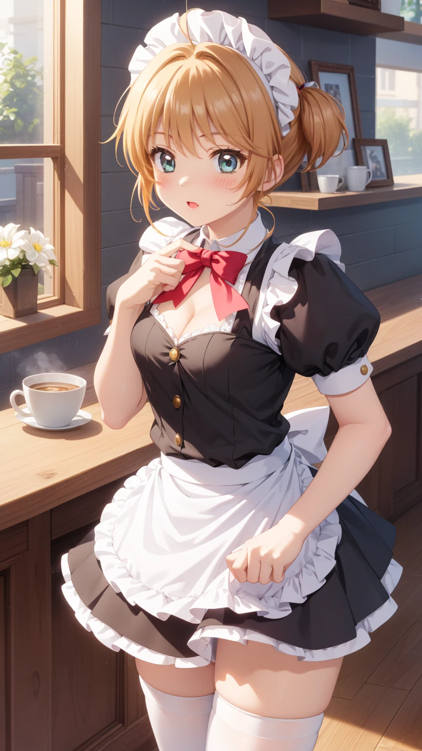 masterpiece, best quality, highres, 1girl, detailed face, blush, anime CG style, (medium breasts), (18 year old girl:1.3), (aged up), good lighting, perfect body, sakura kinomoto, glossy lips, cleavage, (curvy), cafe, maid, short puffy sleeves, small maid apron, thigh highs