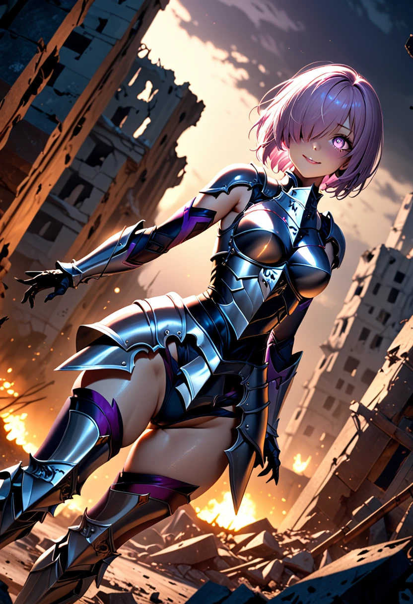 (masterpiece, top quality, best quality, beautiful and aesthetic:1.2), full body, SFW, extremely detailed, detailed face and eyes, cinematic light, depth of field, 1girl, seducing smile, solo, official, (full armored knight:1.4), dark armor, mash kyrielight, light purple hair, short hair, hair over one eye, slim body, cinematic lighting, dramatic lighting, dramatic atmosphere, hyper-realistic, high resolution, stunning contrast, high quality, best quality, 8k, 4k, intricately detailed, (amazing details:1.2), highly detailed skin, powerful presence, vibrant colors, (detailed eyes:1.2), striking eyes, (detailed background), (warzone on background, night, ruins), (dynamic angle:1.2), (dynamic pose:1.2)