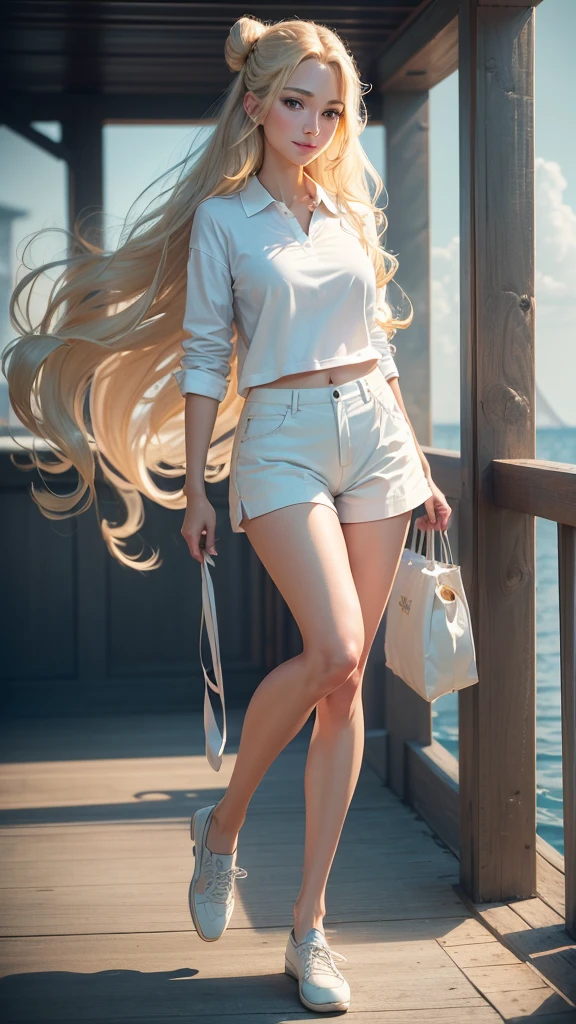 (Best Quality, 4k, 8k, high resolution, Masterpiece: 1.2), ultra detailed, (realist, fotorrealist, fotorrealist: 1.37), RAW photo, portrait of a beautiful blonde woman of 35 years with a yellow shirt and black pants Full length length, soft illuminaotion, (very detailed skin: 1.2), Fujifilm XT3, professional, Studio lighting, sharp focus, (vivid colors: 1.1), (Fine arts: 1.1), (fine art photography: 1.1), ELEGANT POSE, Elegant expression, (subtle smile:1.2), (long wavy hair:1.1), (striking in the eyes:1.1), (soft backlight:1.1), bokeh, (Romantic atmosphere:1.1), (dreamy atmosphere :1.1), (muted color palette: 0,9), (soft tones: 0,9), (soft tones: Coordination: White shorts、Navy Polo Shirt、Deck shoes。Adding a captain's hat is fun。
• Hairstyle: Low slick bun。
• background: Yacht deck and open sea。