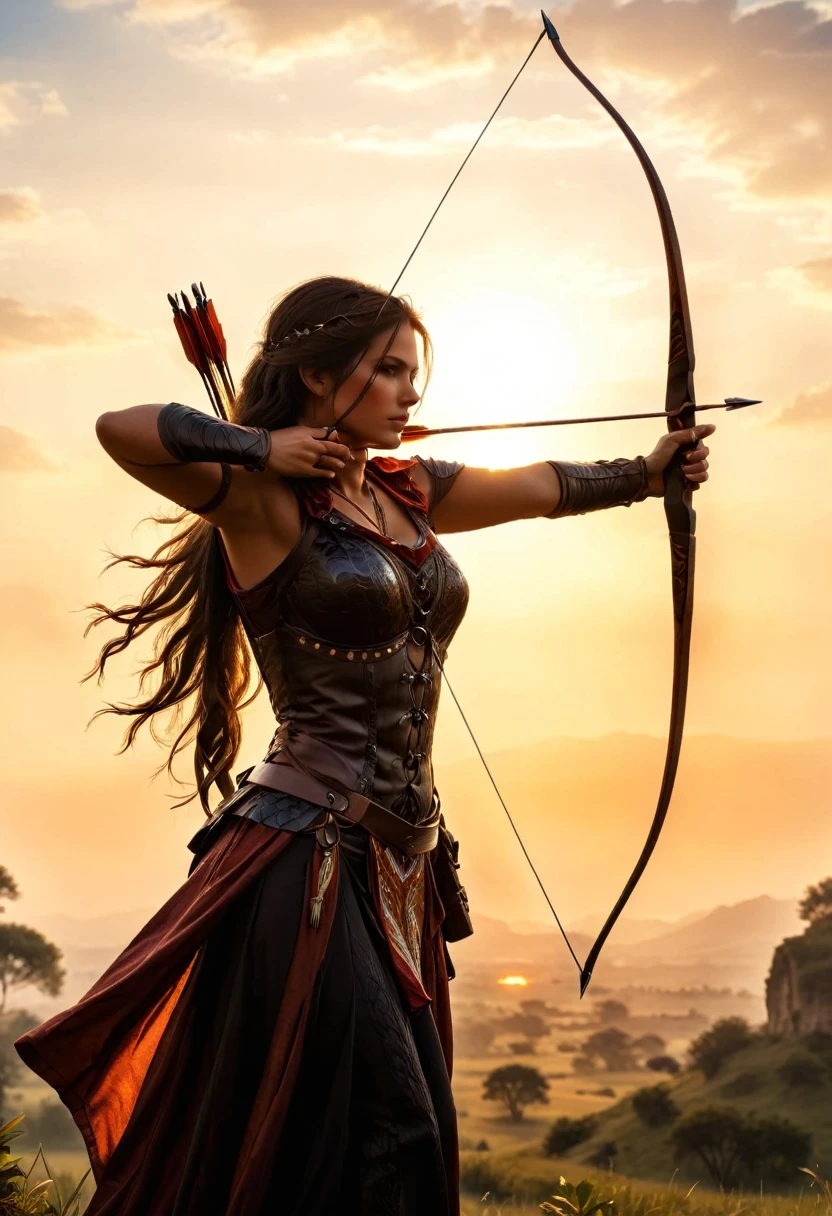 a watercolor illustration of a exquisite beautiful female archer, (silhouette artwork: 1.3), ready for action as the sun rises, fantasy art, ), sun rising behind the archer, ready to act,  ultra feminine, with a long curvy hair, dynamic clothing, intricate clothes, , sting drawn to the cheek , arrow ready to be shot, (tip of the arrow glimmers in the sun: 1.3), sunrays, divine rays, high details, best quality, 16k, [ultra detailed], masterpiece, best quality, (extremely detailed), dynamic angle, Aiming a Bow, bow (weapon)