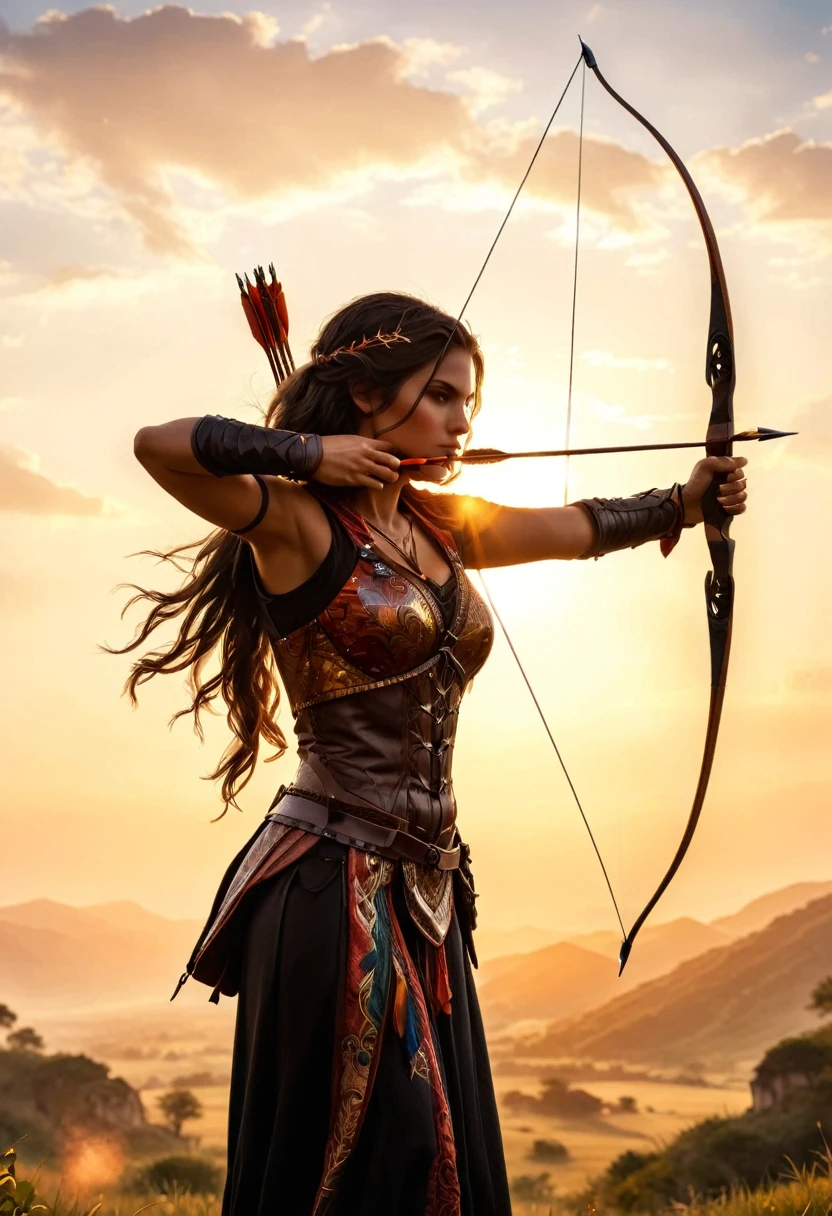 a watercolor illustration of a exquisite beautiful female archer, (silhouette artwork: 1.3), ready for action as the sun rises, fantasy art, ), sun rising behind the archer, ready to act,  ultra feminine, with a long curvy hair, dynamic clothing, intricate clothes, , sting drawn to the cheek , arrow ready to be shot, (tip of the arrow glimmers in the sun: 1.3), sunrays, divine rays, high details, best quality, 16k, [ultra detailed], masterpiece, best quality, (extremely detailed), dynamic angle, Aiming a Bow, bow (weapon)