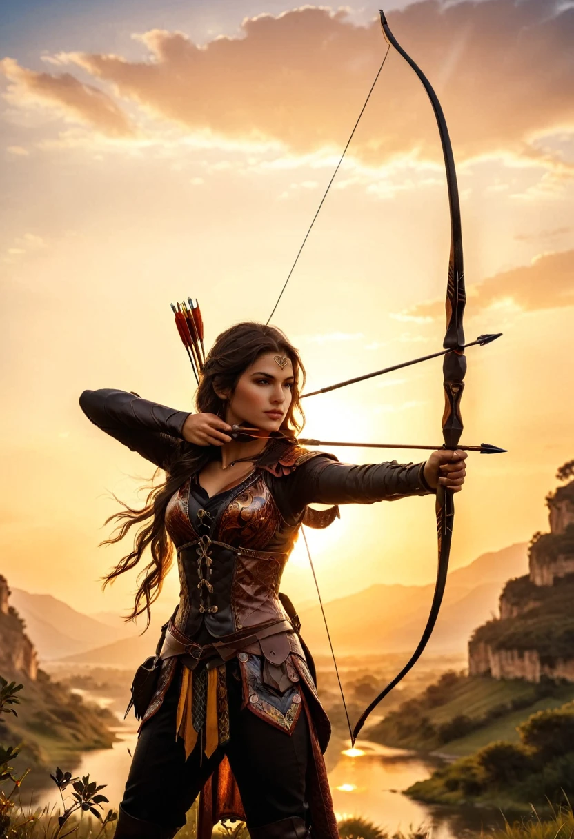 a watercolor illustration of a exquisite beautiful female archer, (silhouette artwork: 1.3), ready for action as the sun rises, fantasy art, ), sun rising behind the archer, ready to act,  ultra feminine, with a long curvy hair, dynamic clothing, intricate clothes, , sting drawn to the cheek , arrow ready to be shot, (tip of the arrow glimmers in the sun: 1.3), sunrays, divine rays, high details, best quality, 16k, [ultra detailed], masterpiece, best quality, (extremely detailed), dynamic angle, Aiming a Bow, bow (weapon)