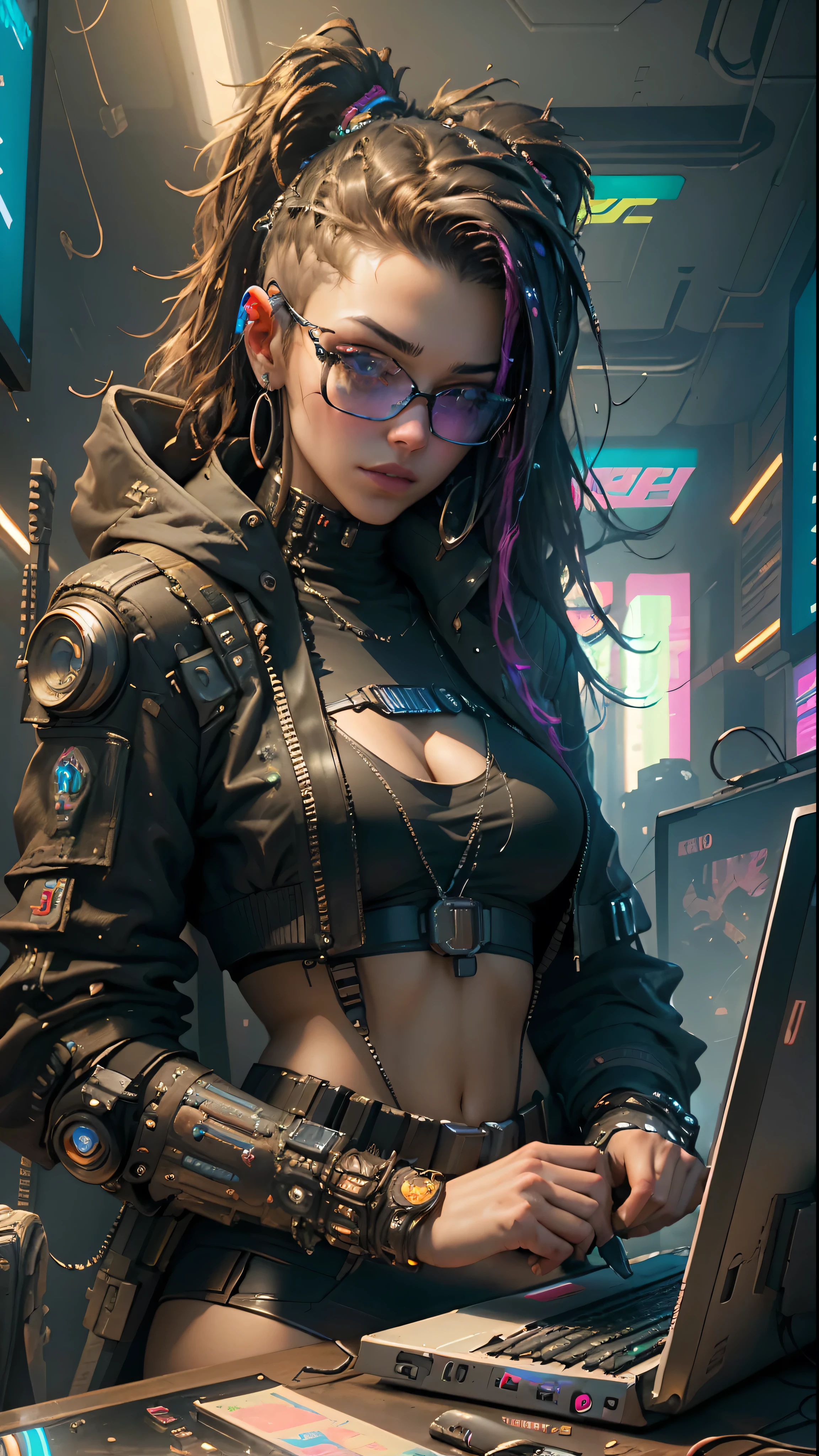 ((Best quality)), ((masterpiece)), (highly detailed:1.3), 3D, beautiful (cyberpunk:1.3) hacker woman with thick voluminous hair operating a computer terminal