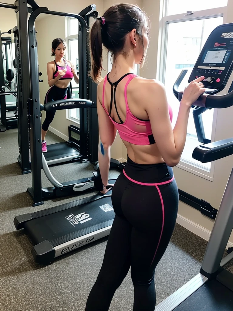 One Girl, Standing upright at the gym, ((Wearing plain short tight pants)), Brown Hair, Very Short Hair、Tied Hair、Bright fitness gym、(Large fitness room:1.6)、Large windows、Large space、Many people々、Standard body type、D cup breasts、(smile:1.6)、Morning Scenery