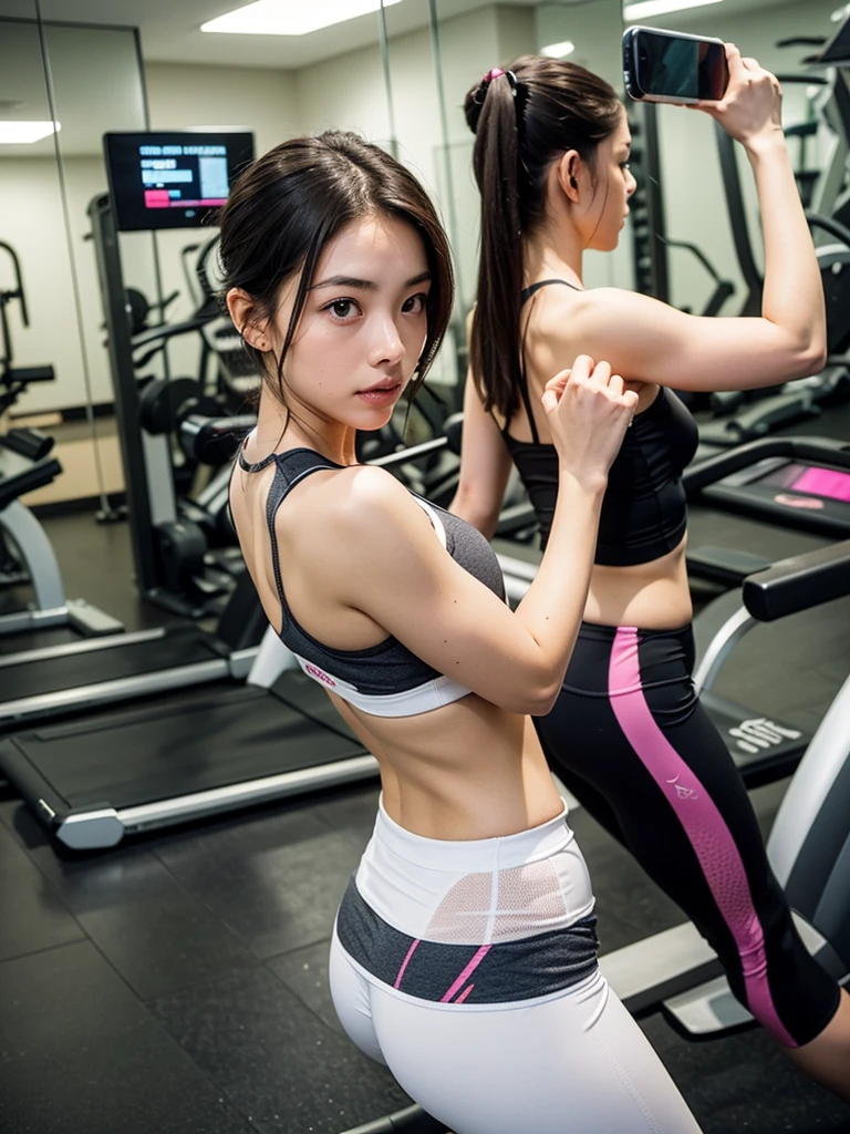 ((Highest quality, 8K, masterpiece: 1.3)), One Girl, Standing upright at the gym, ((Wearing plain short tight pants)), Brown Hair, Very Short Hair、Tied Hair、Bright fitness gym、（Large fitness room:1.6）、Large windows、Large space、Many people々、Standard body type、D cup breasts、（smile:1.6）、Morning Scenery