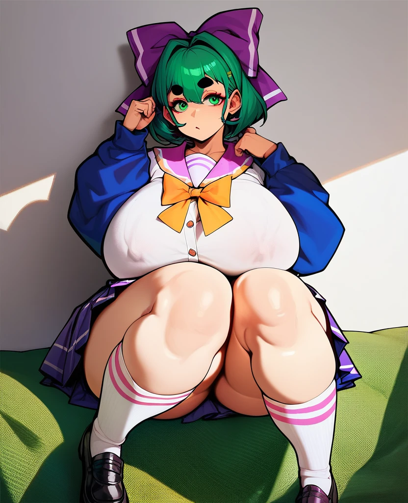 Fraction_9,Fraction_8_direction_7_direction_6_direction_5_direction_4_up,Green short hair,Green Eyes,Tie a bow at the back of your head,Purple and sailor collar,Striped sailor suit,Blue pleated skirt,White socks,leather shoes,Bean eyebrows,Wide hips,Thick thighs,Huge breasts,Huge ass,There is a bow at the back of the hair,Hair between the eyes,Sexy,Cute girl,Green Hair,eternal,positive image,rest,Stockings,fat,long sleeve clothes,Purple striped clothes,Nipple protrusion