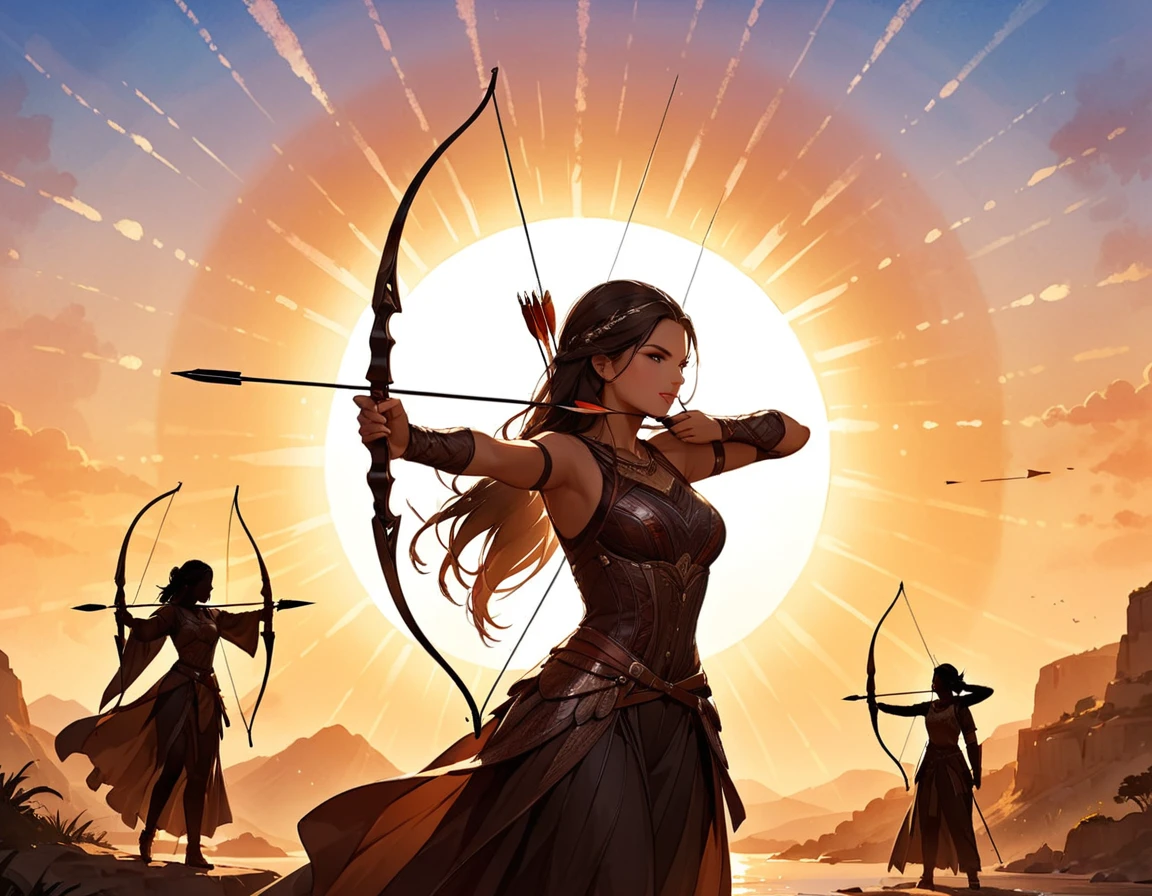 a watercolor illustration of a exquisite beautiful female archer, (silhouette artwork: 1.3), ready for action as the sun rises, fantasy art, ), sun rising behind the archer, ready to act,  ultra feminine, with a long curvy hair, dynamic clothing, intricate clothes, , sting drawn to the cheek , arrow ready to be shot, (tip of the arrow glimmers in the sun: 1.3), sunrays, divine rays, high details, best quality, 16k, [ultra detailed], masterpiece, best quality, (extremely detailed), dynamic angle, Aiming a Bow, bow (weapon)