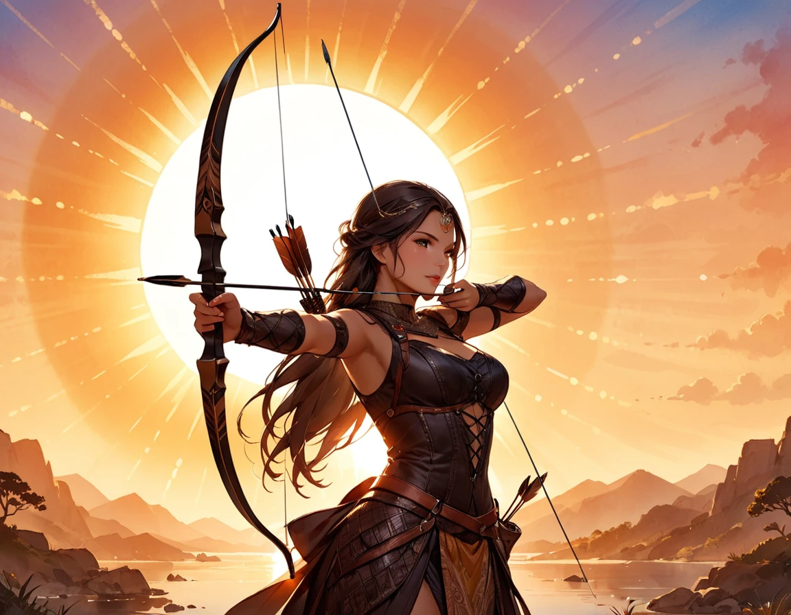 a watercolor illustration of a exquisite beautiful female archer, (silhouette artwork: 1.3), ready for action as the sun rises, fantasy art, ), sun rising behind the archer, ready to act,  ultra feminine, with a long curvy hair, dynamic clothing, intricate clothes, , sting drawn to the cheek , arrow ready to be shot, (tip of the arrow glimmers in the sun: 1.3), sunrays, divine rays, high details, best quality, 16k, [ultra detailed], masterpiece, best quality, (extremely detailed), dynamic angle, Aiming a Bow, bow (weapon)