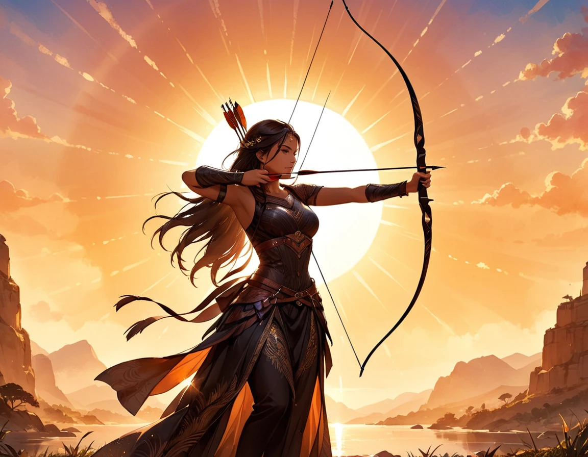 a watercolor illustration of a exquisite beautiful female archer, (silhouette artwork: 1.3), ready for action as the sun rises, fantasy art, ), sun rising behind the archer, ready to act,  ultra feminine, with a long curvy hair, dynamic clothing, intricate clothes, , sting drawn to the cheek , arrow ready to be shot, (tip of the arrow glimmers in the sun: 1.3), sunrays, divine rays, high details, best quality, 16k, [ultra detailed], masterpiece, best quality, (extremely detailed), dynamic angle, Aiming a Bow, bow (weapon)
