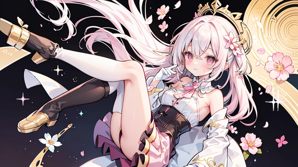 The character in the image has long, wavy white hair with pink tips, an eyepiece over the right eye, reddish eyes, and a fantasy-steampunk outfit with maroon, gold, white, and black colors. The outfit includes puffed shoulders, a corset-style middle, a short skirt, black tights, high-heeled boots with floral decorations, and petal-like adornments at the waist. They wear white gloves and have a floral theme in their attire.