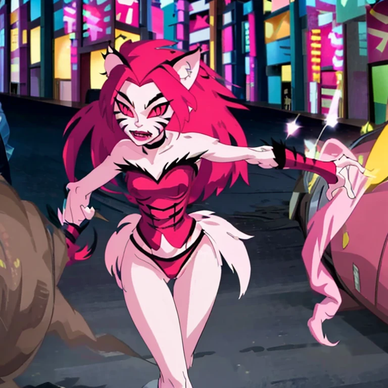 NyaNya, 1girl, solo, pink eyes, pink hair, pink skin, long hair, cat ears, pink sclera, cat tail, claws, slit pupils, pink lips, whisker markings, pink leotard, fangs, bare shoulders, choker, best quality, masterpiece, tokyo, park
