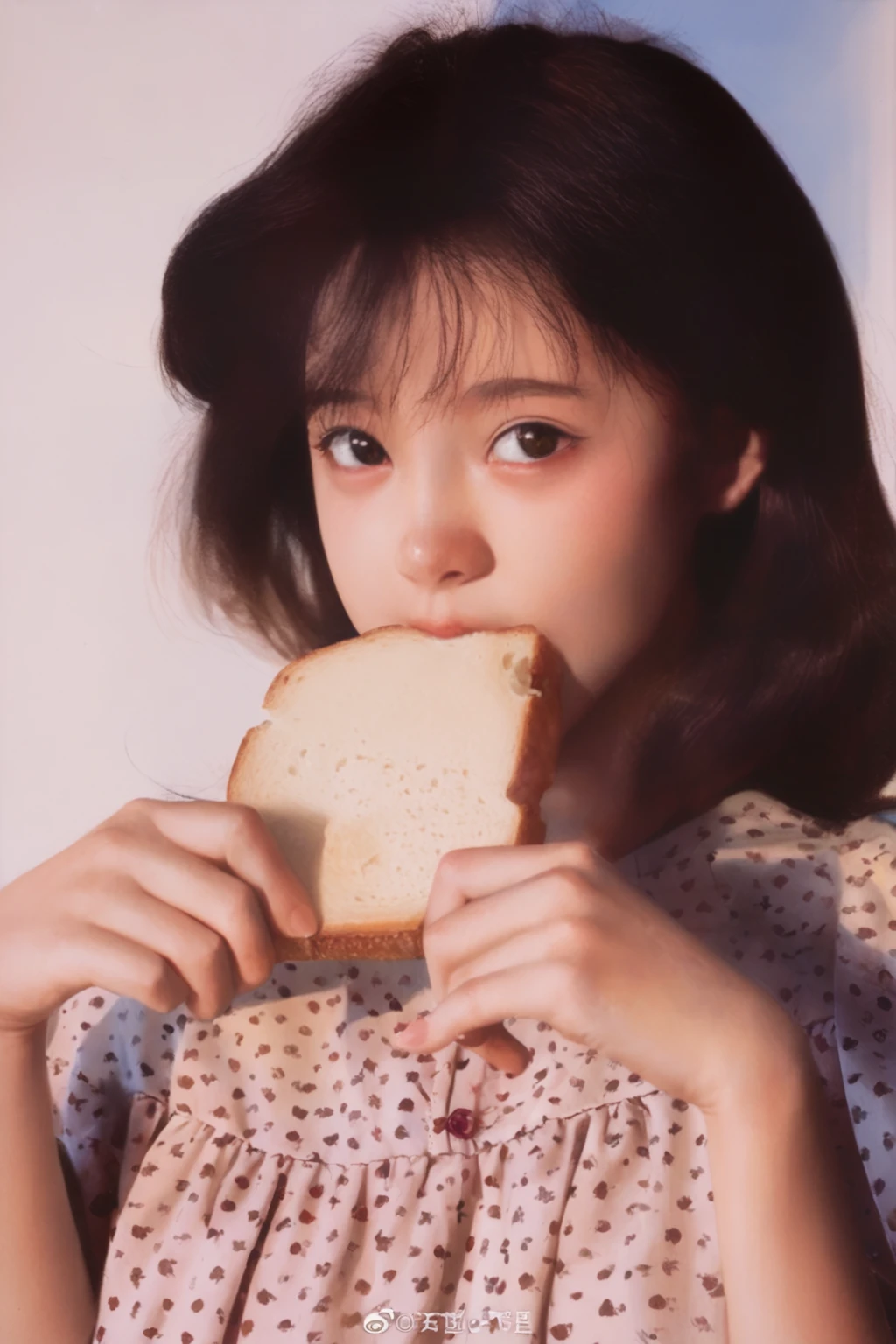 there is a young girl holding a piece of bread in her hands, chiho, eating garlic bread, toast, holding a baguette, sana takeda, yasumoto oka, [ realistic photo ]!!, by Kim Jeong-hui, jinyoung shin, park ji-min, by Tadashi Nakayama, jaeyeon nam, lee ji - eun, lee ji-eun