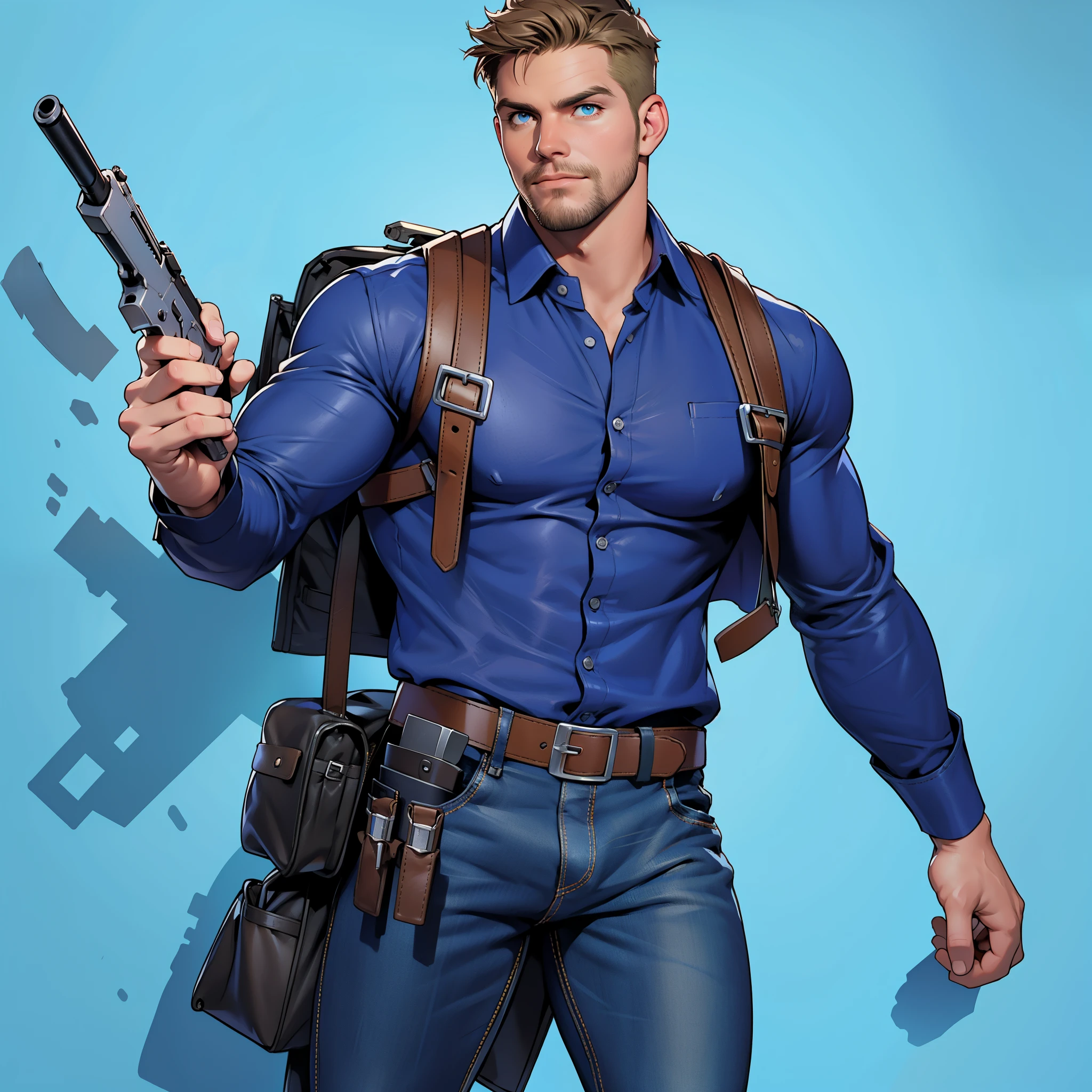 1 man, male focus solo, middle aged man,Stephen AMELL as private investigator,  lean muscle,very  light blue shirt, brown leather shoulder holster, faded vintage blue jeans with bulge, full body shot, dark blond  short hair, facial hair, holding a gun with two hands, (gun:1.2), ultra high quality, masterpiece, low camera angle, intense splashed blue and white paint in the blackground