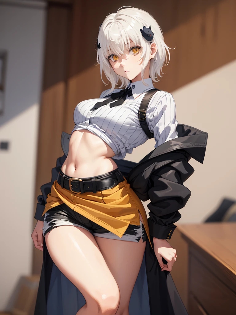 masterpiece, short shorts, masterpiece, best quality, highres, dark persona, watercolor painting theme, (looking at the viewer: 1.1), wide , big , standing, bent, tojou koneko, yellow eyes, white hair, short hair, hair ornament, white shirt, black ribbon on the neck, tattoo on the abdomen, lust tattoo,