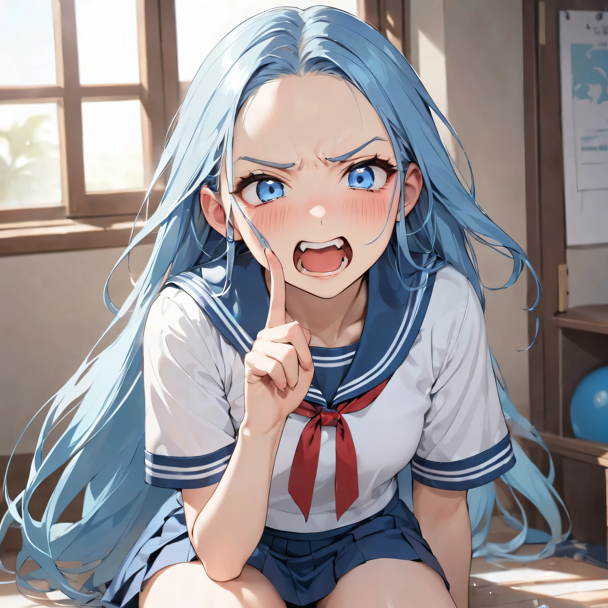 (Tsundere mode) (15 yo, solo:2 forehead blue hair long hair cute girl, lovely blue eyes, angry face, pink lip open mouth), break, (in a summer school sailor suit, red ribbon, skirt), (index finger raised), BREAK, perfect anatomy, masterpiece, best quality, 16k, beautiful detailed grow, daydreaming expression.