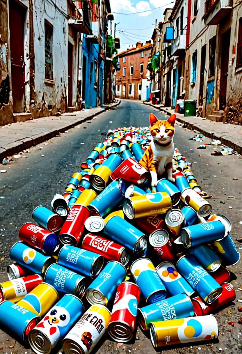 Environmental issues,SDGs, Super Long Shot,Innovative and surreal art, A large number of empty cans scattered on the street, cat and dog, 