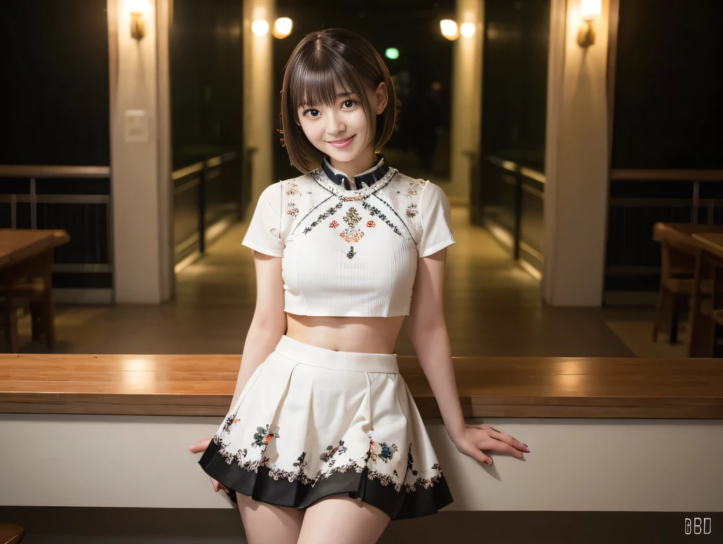 (8K, RAW Photos:1.2), Detailed face and eyes,最high quality, Ultra-high resolution, Very detailed ,Intricate details ,Tabletop ,pretty girl ,Round eyes、 Soft cinematic light, Hyper Detail,Sharp focus, high quality, Brown Hair,((Bobcut))、(Straight bangs)、City of night、Night view、 ((White crop top))、((Black、mini skirt))、”dwarf”、(Full Body Shot)、Waist、(I can see your thighs)、Cowboy Shot、Smile、Floral clothes、Clothes with short sleeves、((Large Breasts))、