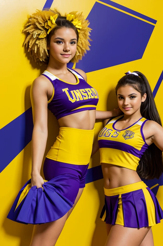 Cheerleading outfit with a lion logo and with  a  color scheme of yellow, purple with the name  Crestwood Heights Academy 