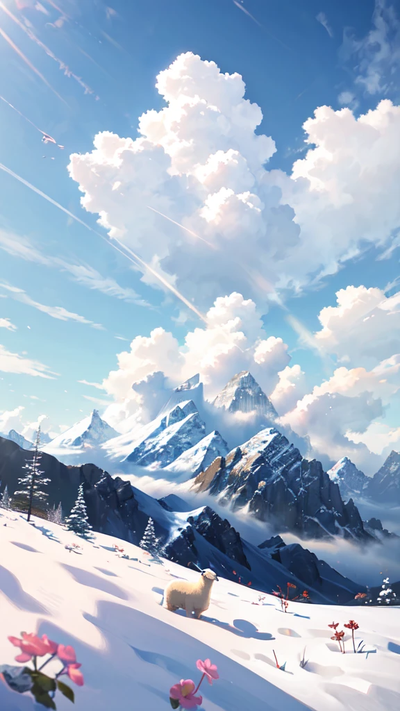 summer, grassland, Some small flowers, Clear lake, sheep, Heaven, Big Cloud, Blue sky, Hot weather, High-resolution details, Ultra Detail, Movie, Surrealism, Soft Light, Deep field focus bokeh, The vista is snow-capped mountains, Ray Tracing, and Surrealism. --v6