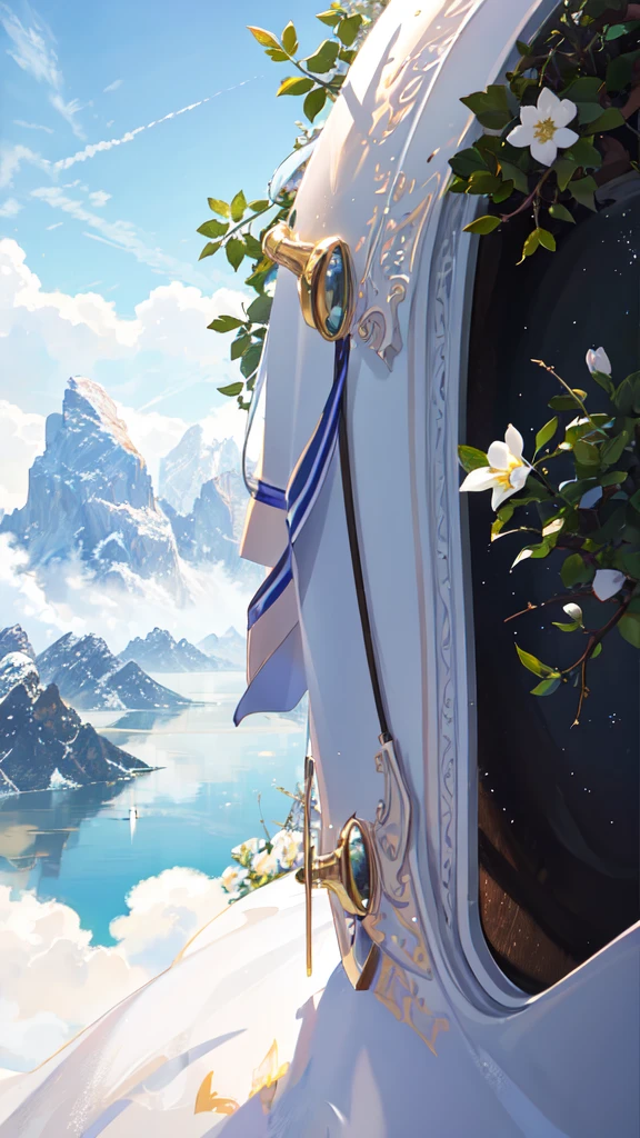 summer, grassland, Some small flowers, Clear lake, sheep, Heaven, Big Cloud, Blue sky, Hot weather, High-resolution details, Ultra Detail, Movie, Surrealism, Soft Light, Deep field focus bokeh, The vista is snow-capped mountains, Ray Tracing, and Surrealism. --v6