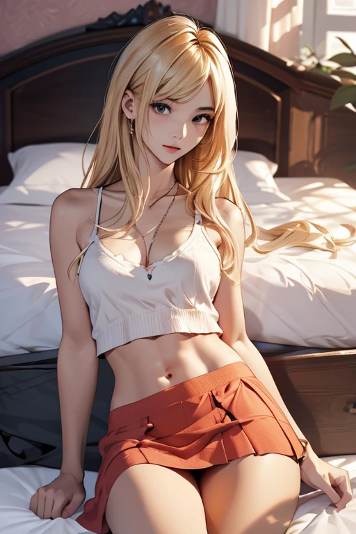 Highest quality、masterpiece、High sensitivity、High resolution、Detailed Description、Slender women、Slim Body、Being pushed onto the bed、The skirt is turned up.、I can see your panties、