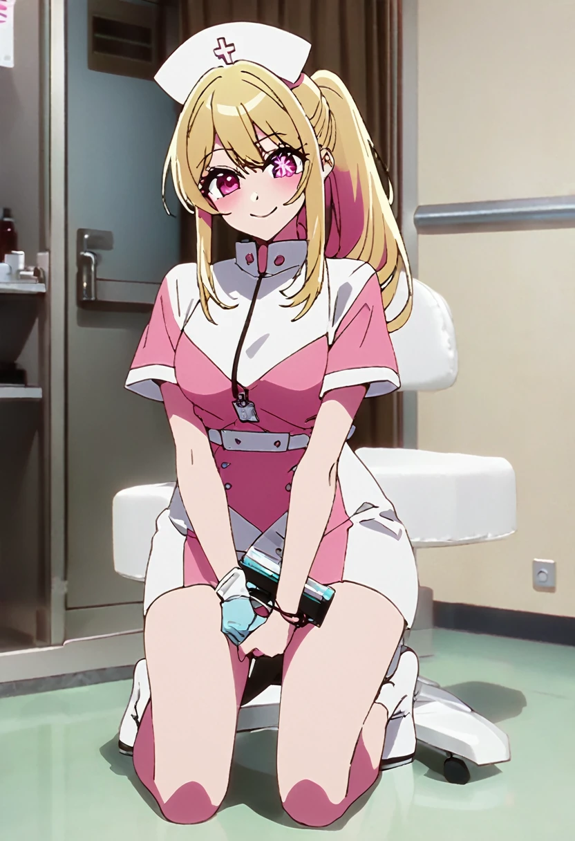 Blonde、nurse、injection、Highest quality、Star-shaped pupil、The best smile、long hair、Pink Eyes、ponytail、Full body photo、One person