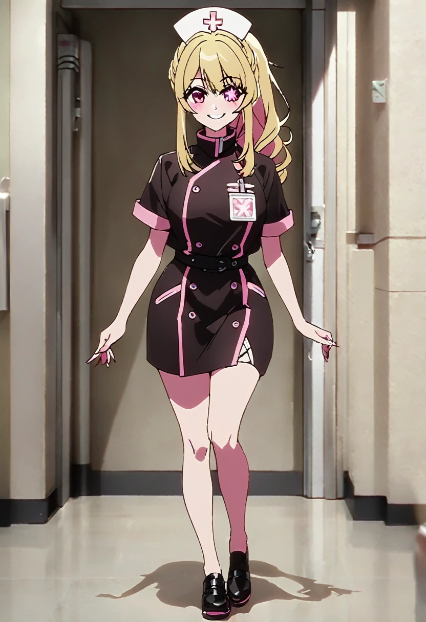 Blonde、nurse、injection、Highest quality、Star-shaped pupil、The best smile、long hair、Pink Eyes、ponytail、Full body photo、One person