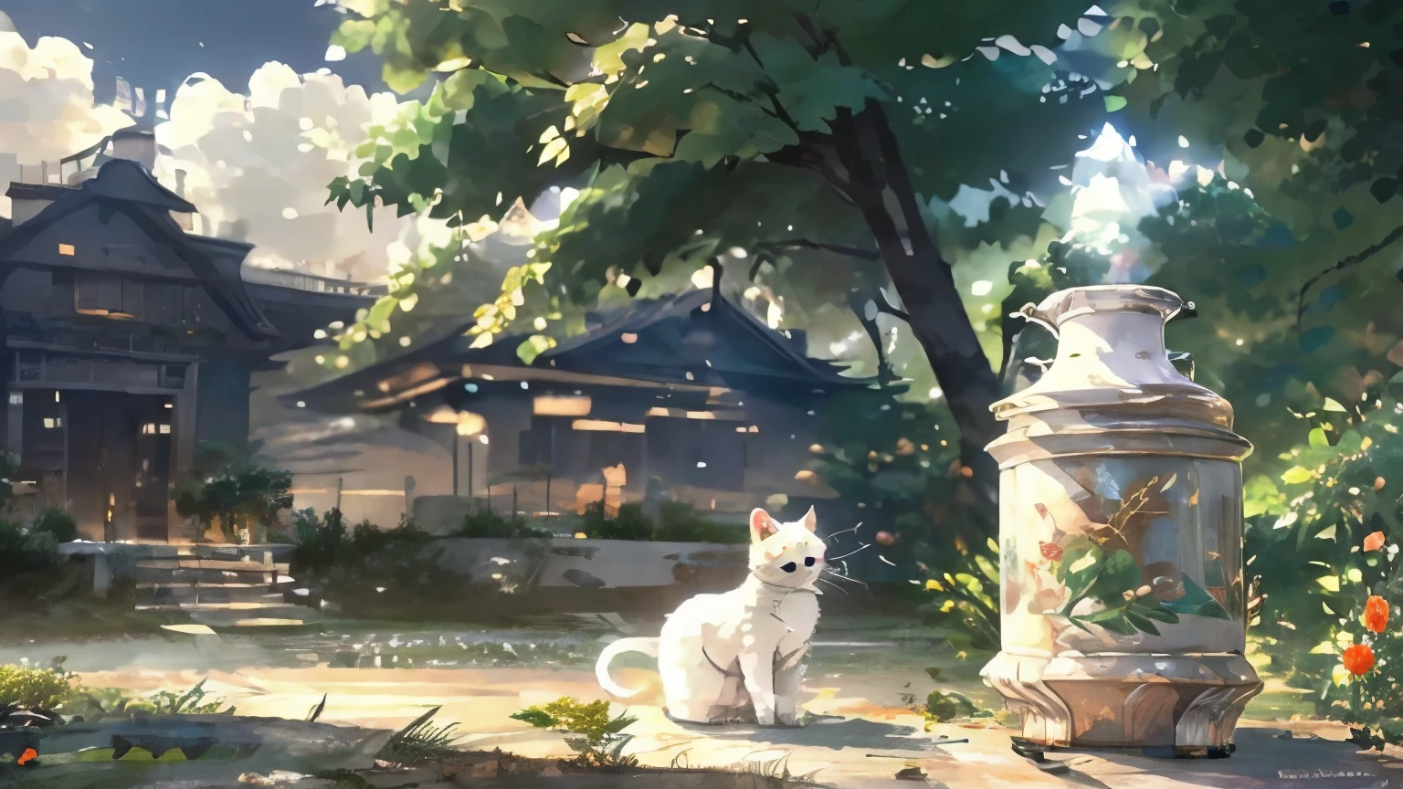 masterpiece,Highest quality,Official Art,Highly detailed CG Unity 8k wallpaper,Outdoor, animal, kitchen，vase，sunlight,Studio Ghibli,Warmth,White cat