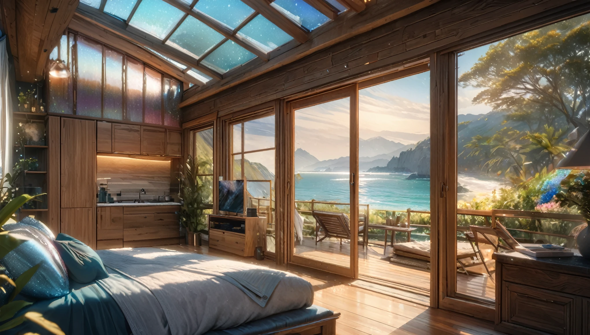 Holiday Homes, Big windows and beautiful views,Wooden lodge,Inside the room,Blur the background,Pleasant sea breeze,Glitter effect,Highest quality, 8K, High resolution, masterpiece:1.2, Very detailed, Realistic:1.37, High resolution, 超High resolution, Ultra-fine painting, Very detailed, Professional, Vibrant colors
