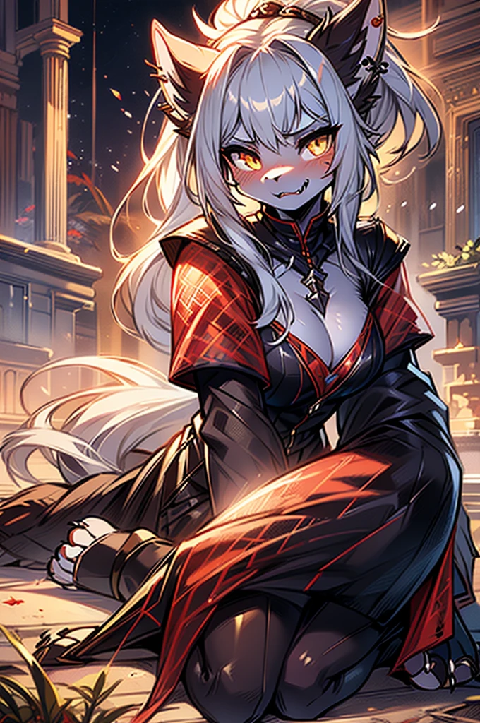 ((best quality, masterpiece, perfect anatomy, detailed picture)), furry, 1female, pantherine, two tone fur, black body, grey fur, sexy, long white hair, ponytail hair, fluffy feline tail, yellow sclera, tribal tattoo, ear rings, red blushing, shy, in the ruins, portrait, illustration, angry fangs, open fangs big bite Extreme body detail close-up,White fangs,Sharp claws，Lie on the ground，blood-stained armor,The armor is tattered,Blood dripping,Blood dripped from the corners of the mouth,True blood,Full body like,Prepare to pounce upwards，wlop