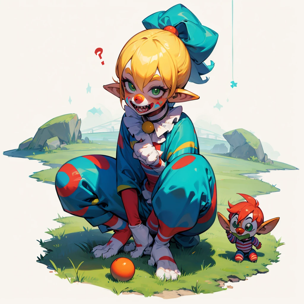 Random evolution, circuit clown, mascot, little boy goblin, 1boy, Clown make up on face, green eyes, small ball on his hands, Grassroots