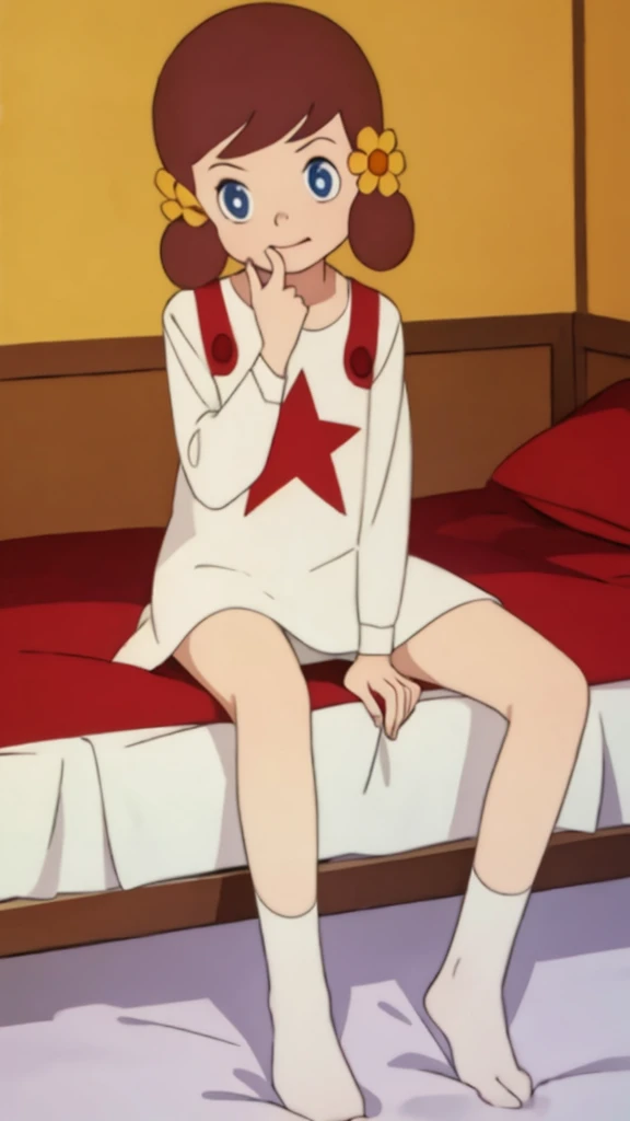 masterpiece, best quality, solo, 1girl, 
 chappy,、Sit on the bed、Spread your legs、Knees up、With legs spread、Completely naked、All Nude、Very embarrassed look、手を後ろに回す、服は着ていない、大きく股を広げる、
