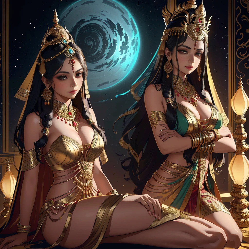 Indian woman, exquisite ancient Indian costume,Gold Jewelry,Masterpiece,Thai ancient castle background, best quality, (Very detailed CG unity 8k wallpaper.), (best quality), (best illustrations), (best shadow), nonsense, realistic light, (abyss), Beautiful glowing details, Artwork by PeterMohrBacher.,